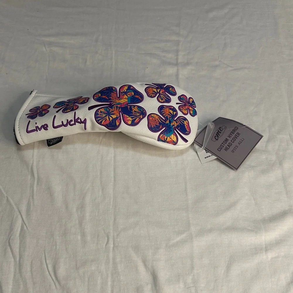 White 'Live Lucky' Floral Clover Headcover with Multicolor Accents
